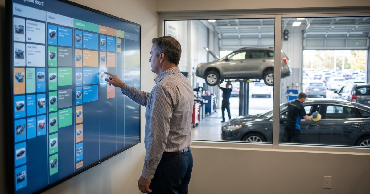 Reconditioning management software recon board in a dealership office